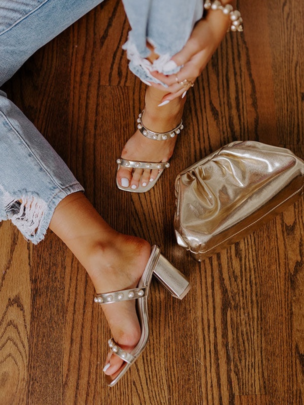 Pearl-Embellished Metallic Wedge Sandals - Gold